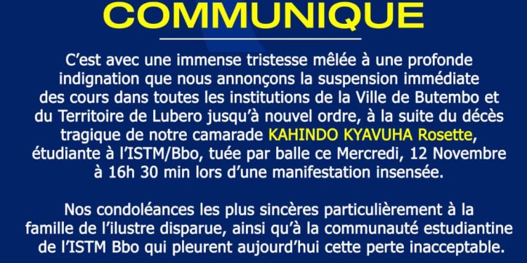 Butembo-Lubero : la REC suspend les cours après le meurtre d’une étudiante de l’ISTM (communiqué)