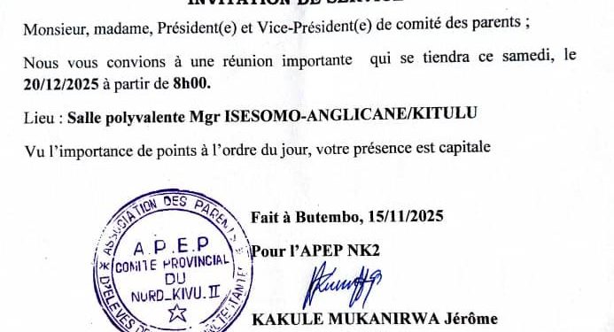 Butembo : l’APEP convoque une réunion pour redynamiser la gestion scolaire et relever les défis de la gratuité